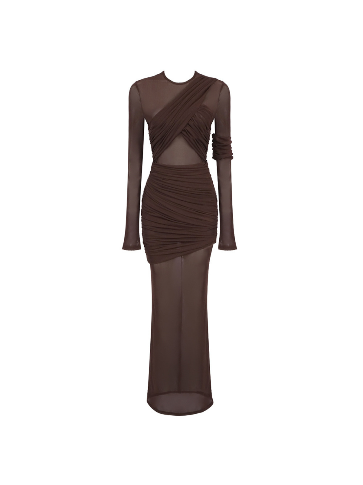 Alkas Long Sleeve Ruched Mesh Maxi Dress In Coffee