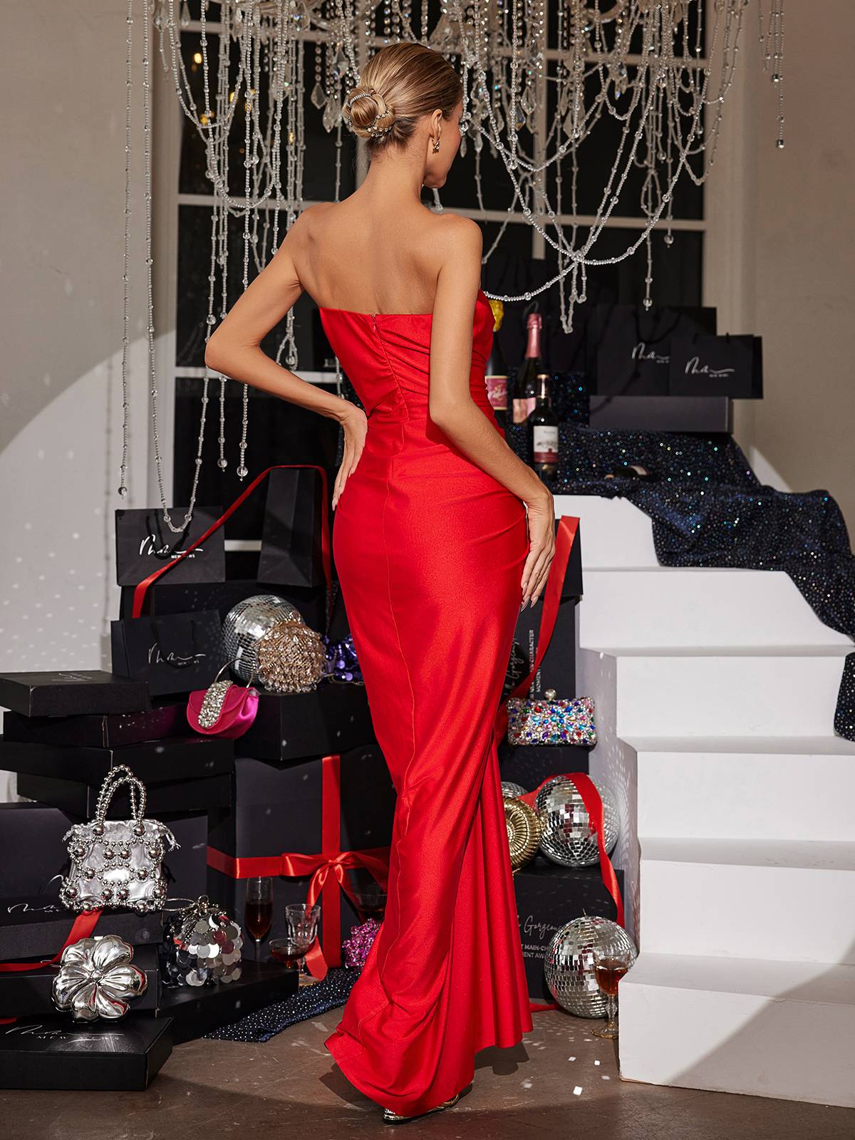 Allaire Strapless Ruched Satin Maxi Dress