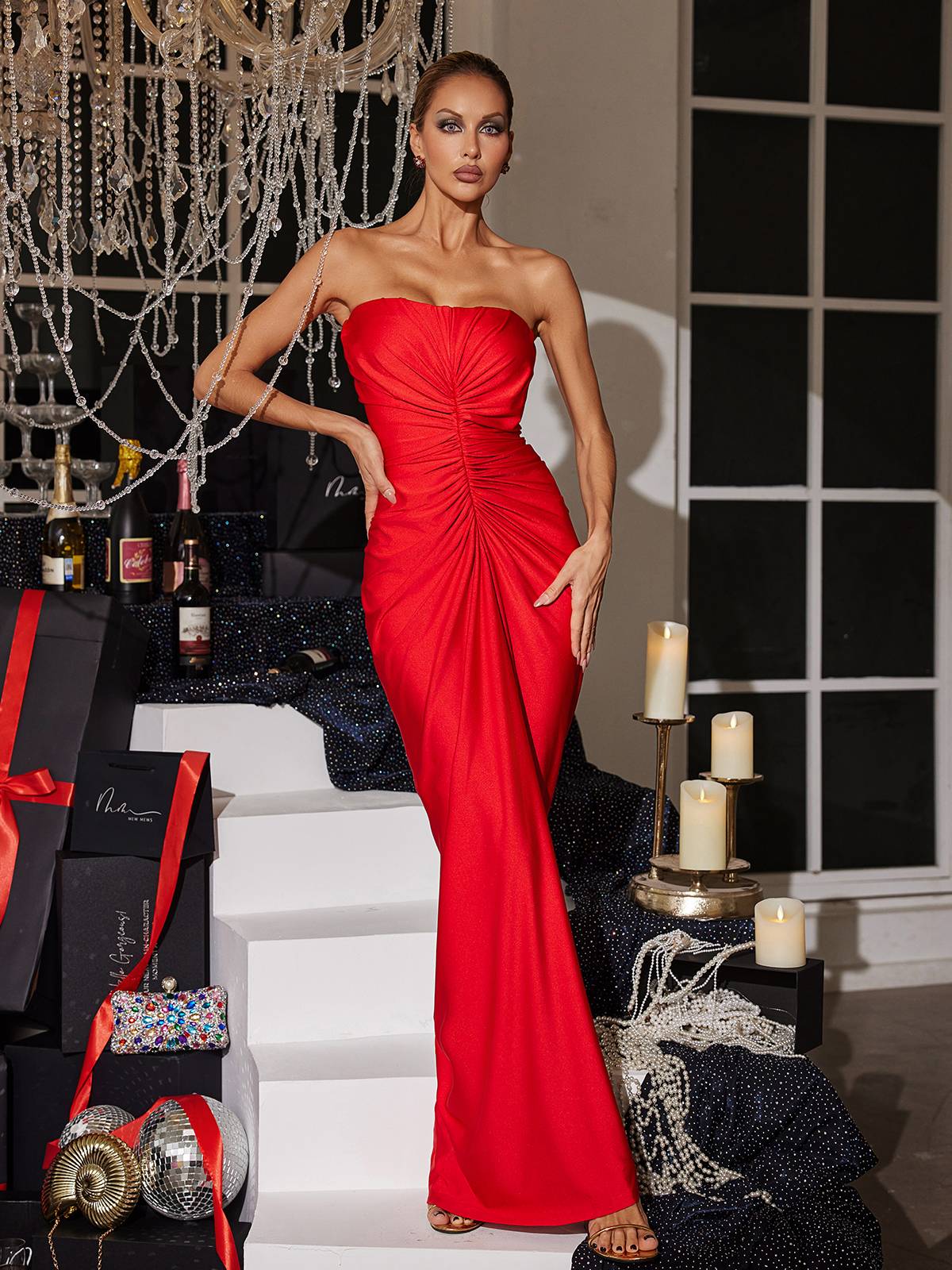 Allaire Strapless Ruched Satin Maxi Dress