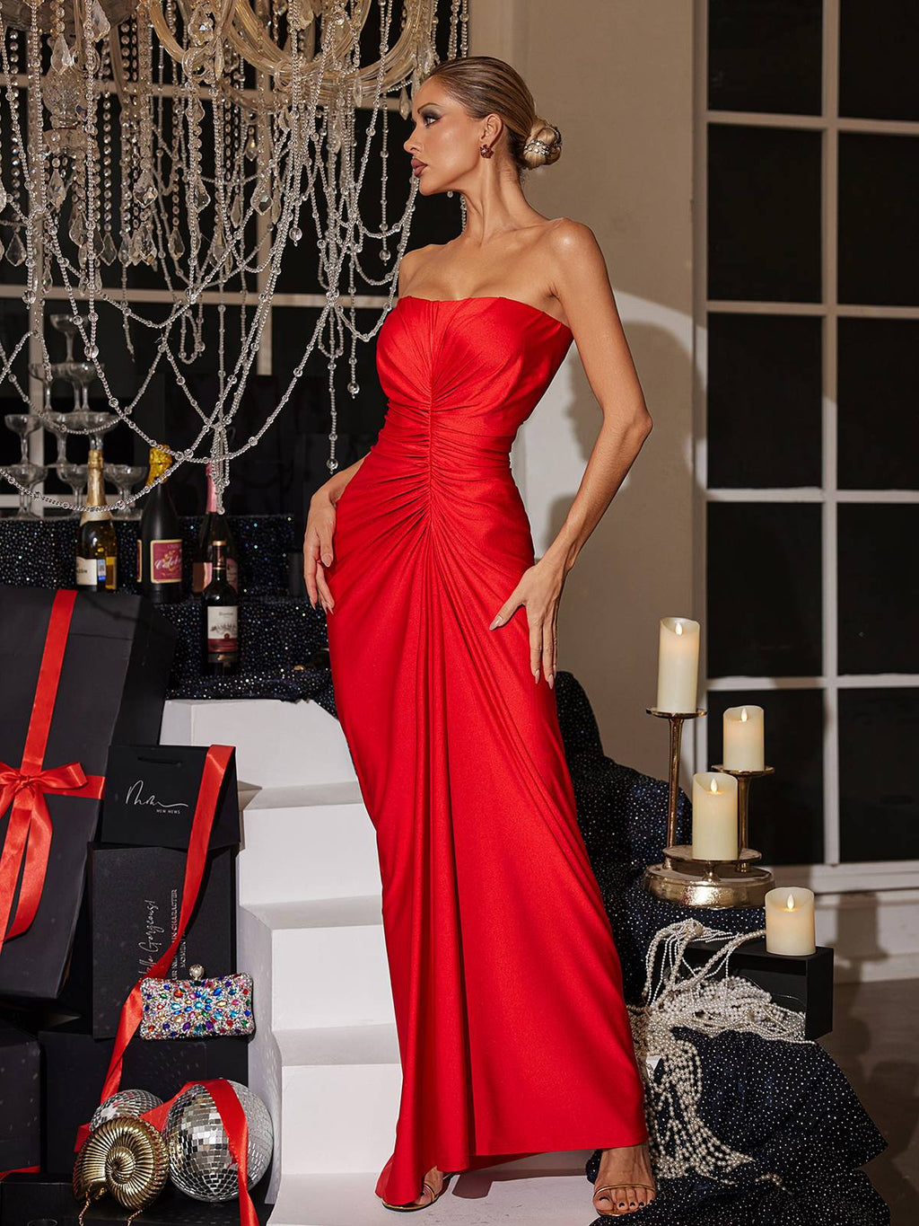 Allaire Strapless Ruched Satin Maxi Dress