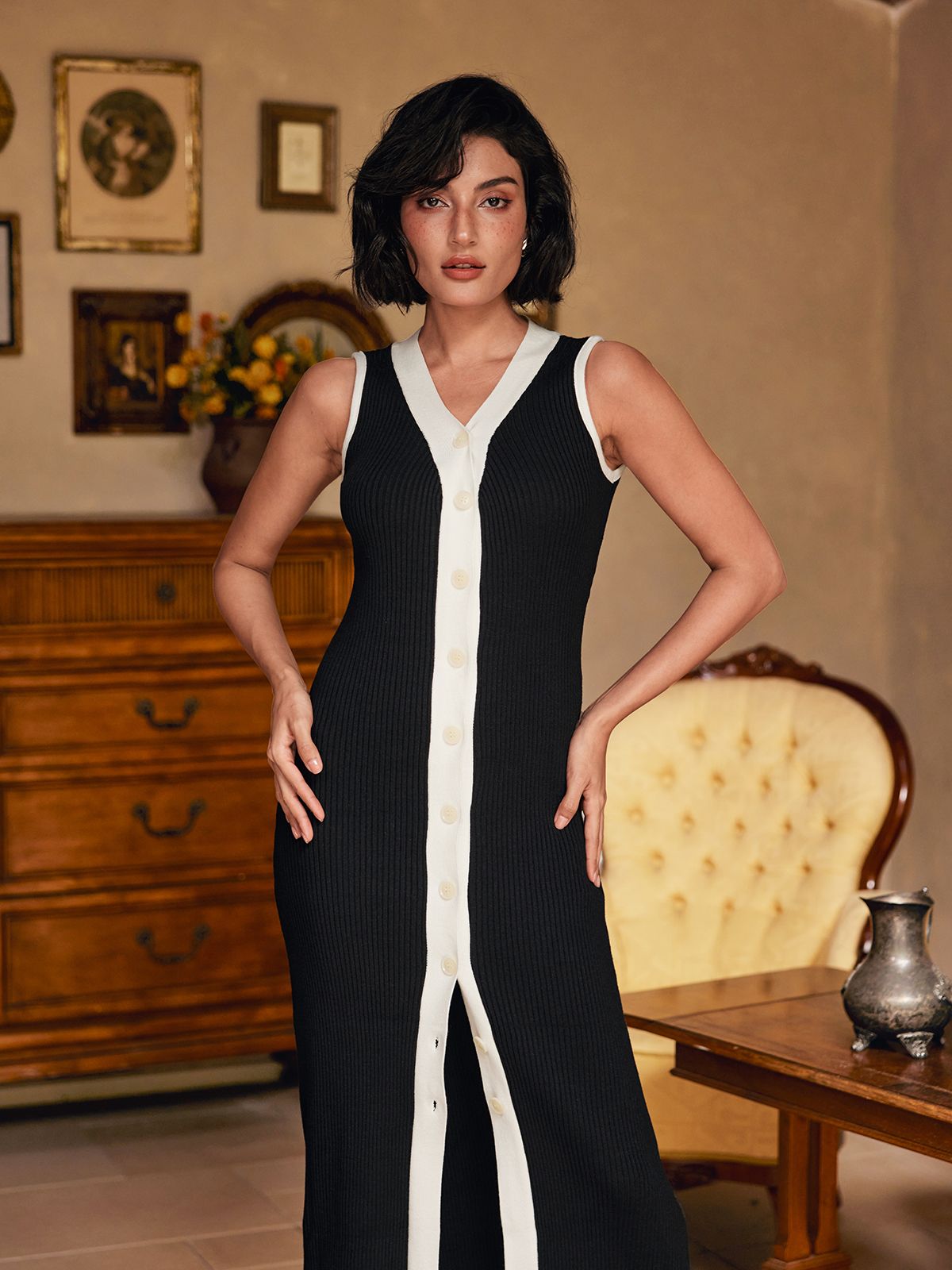 Allston V Neck Button Knitted Midi Dress In Black