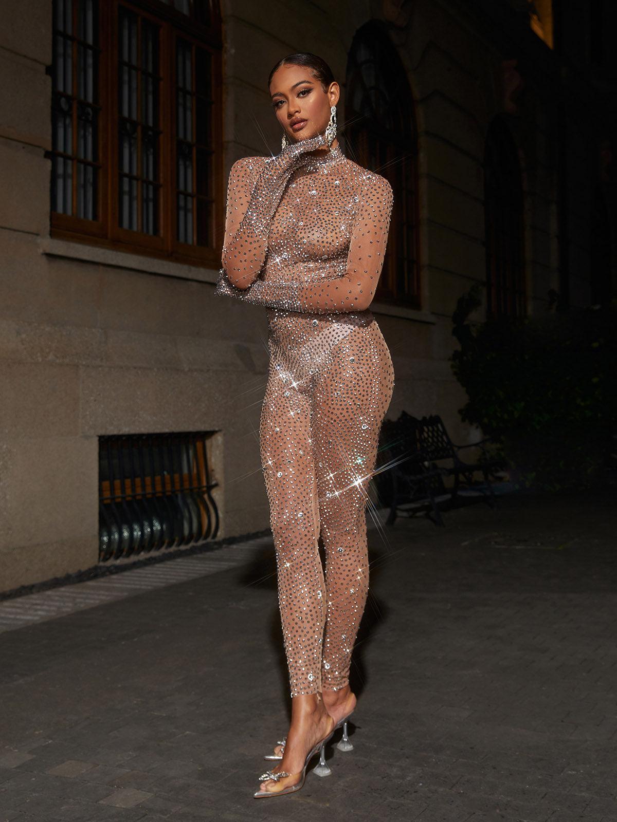 Ally Rhinestone Mesh Jumpsuit In Dark Nude