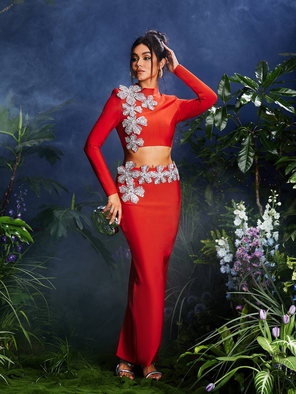 Almira Long Sleeve Flower Bandage Skirt Set In Red