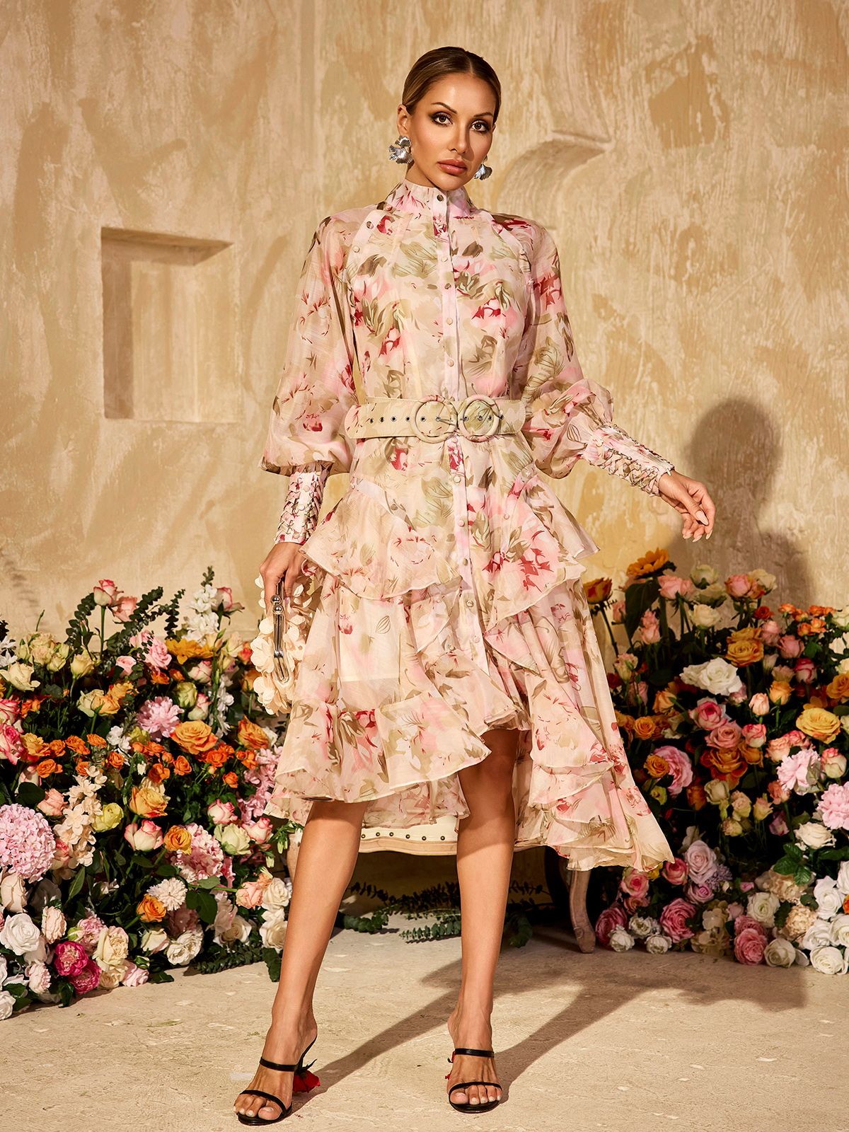 Alodia Puff Sleeves Printed Midi Dress