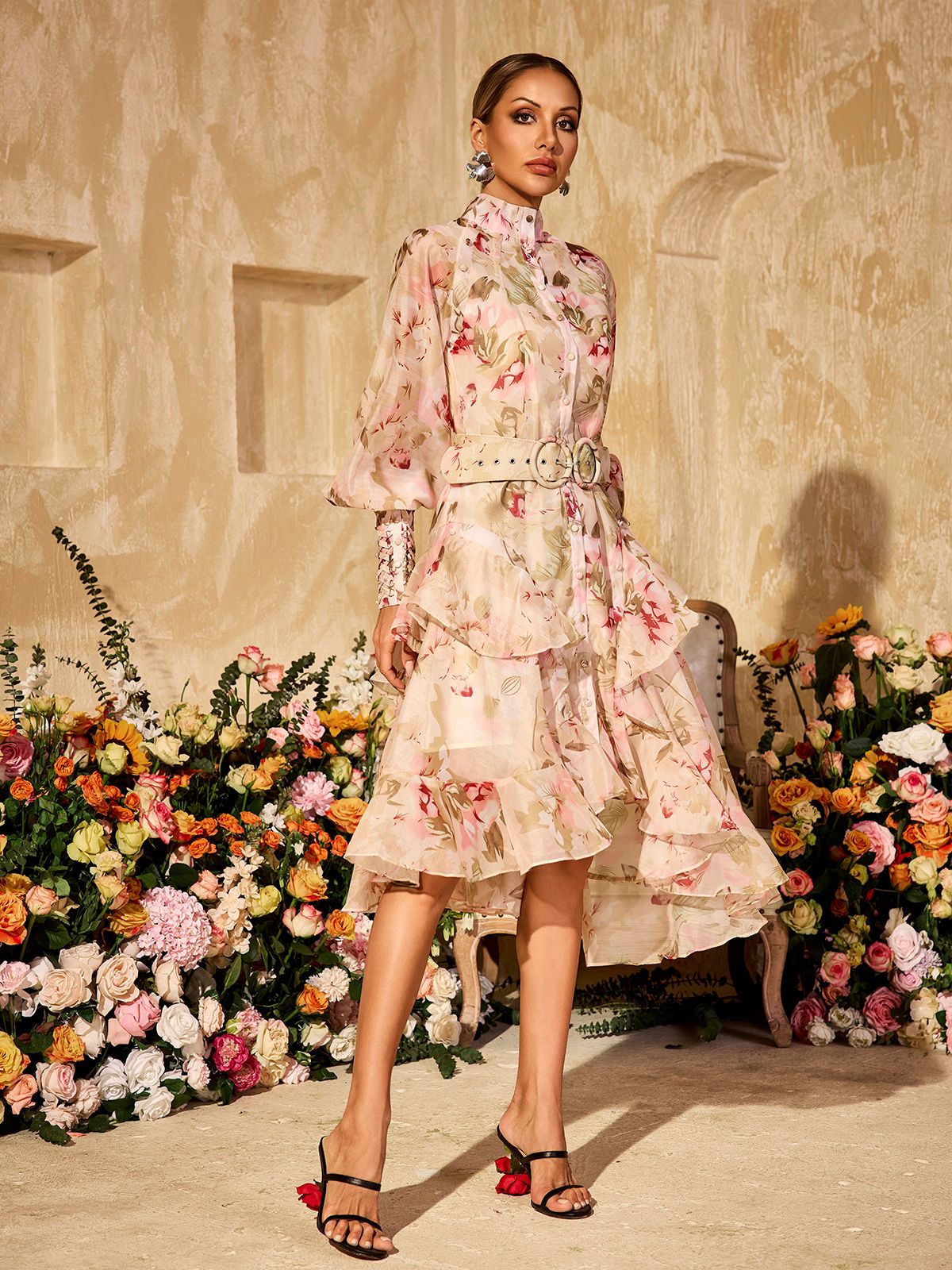 Alodia Puff Sleeves Printed Midi Dress