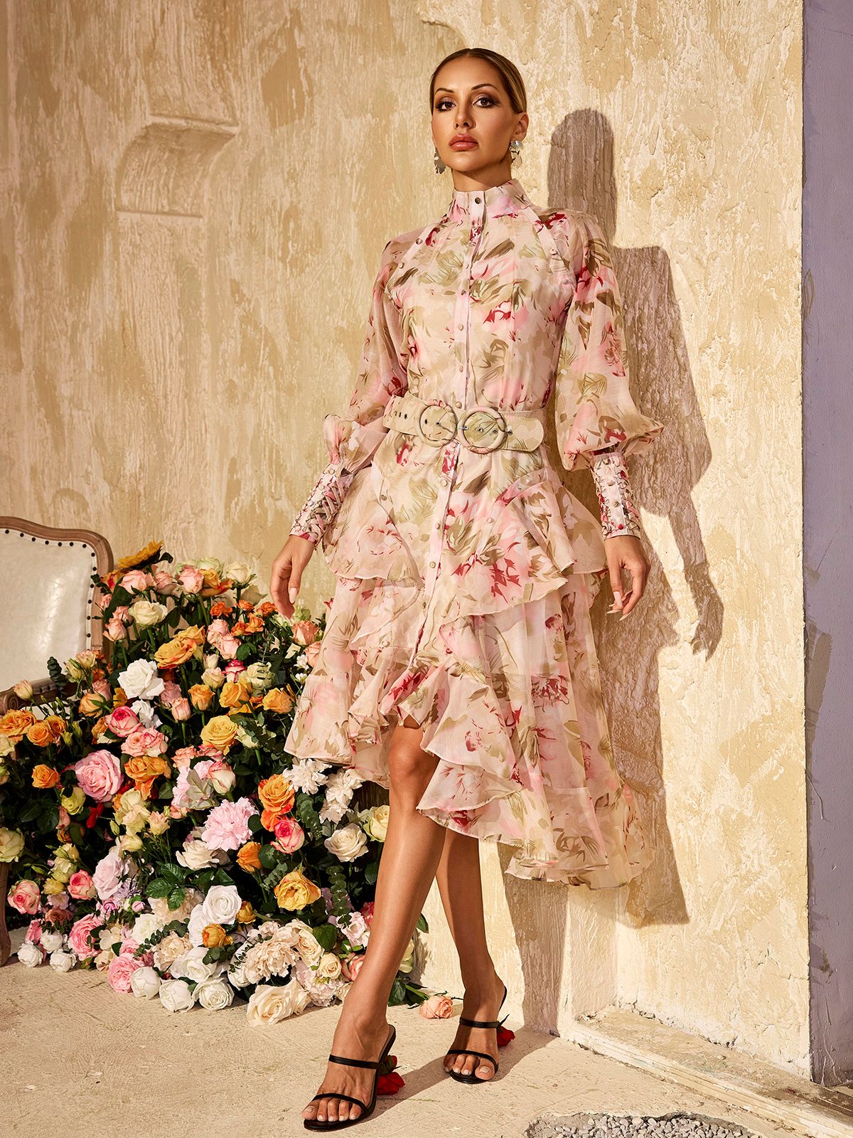 Alodia Puff Sleeves Printed Midi Dress