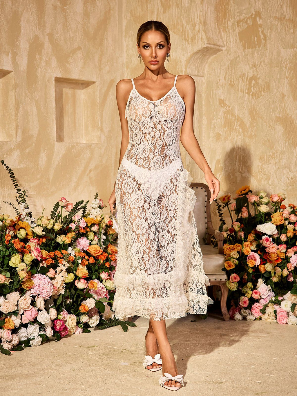 Aloisia Spaghetti Floral Lace Midi Dress