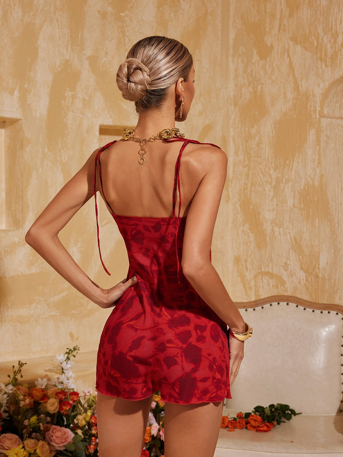 Altharion Spaghetti Floral Print Mini Dress In Red