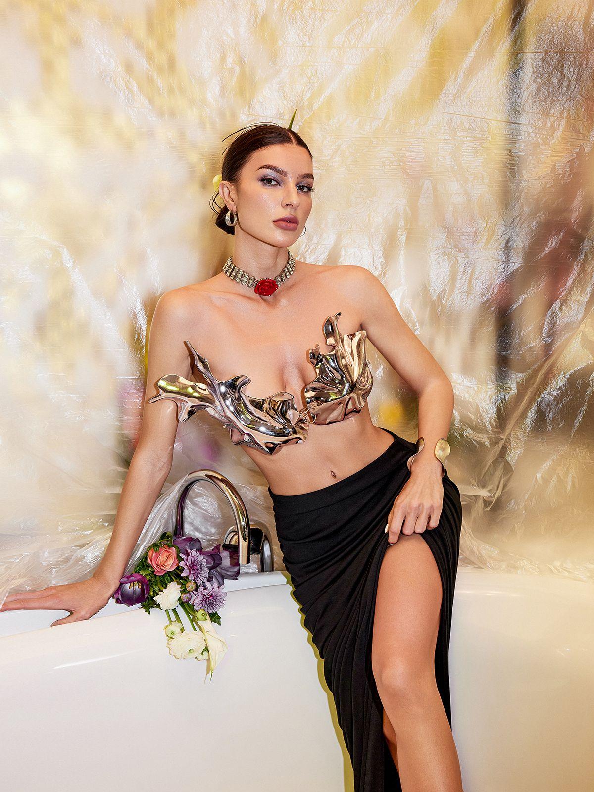 Alvaro Metallic Leafy Armor Top