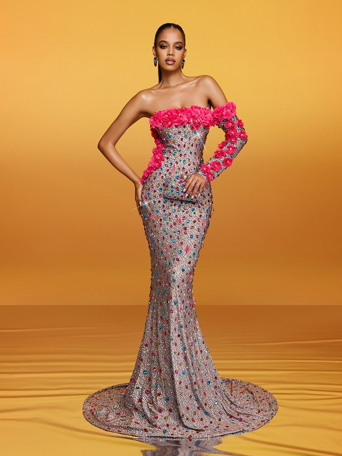 Alythia Off Shoulder Flower Crystal Maxi Dress