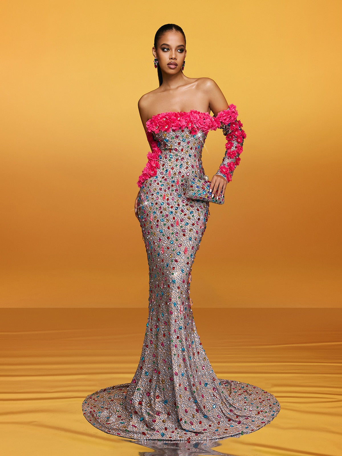 Alythia Off Shoulder Flower Crystal Maxi Dress