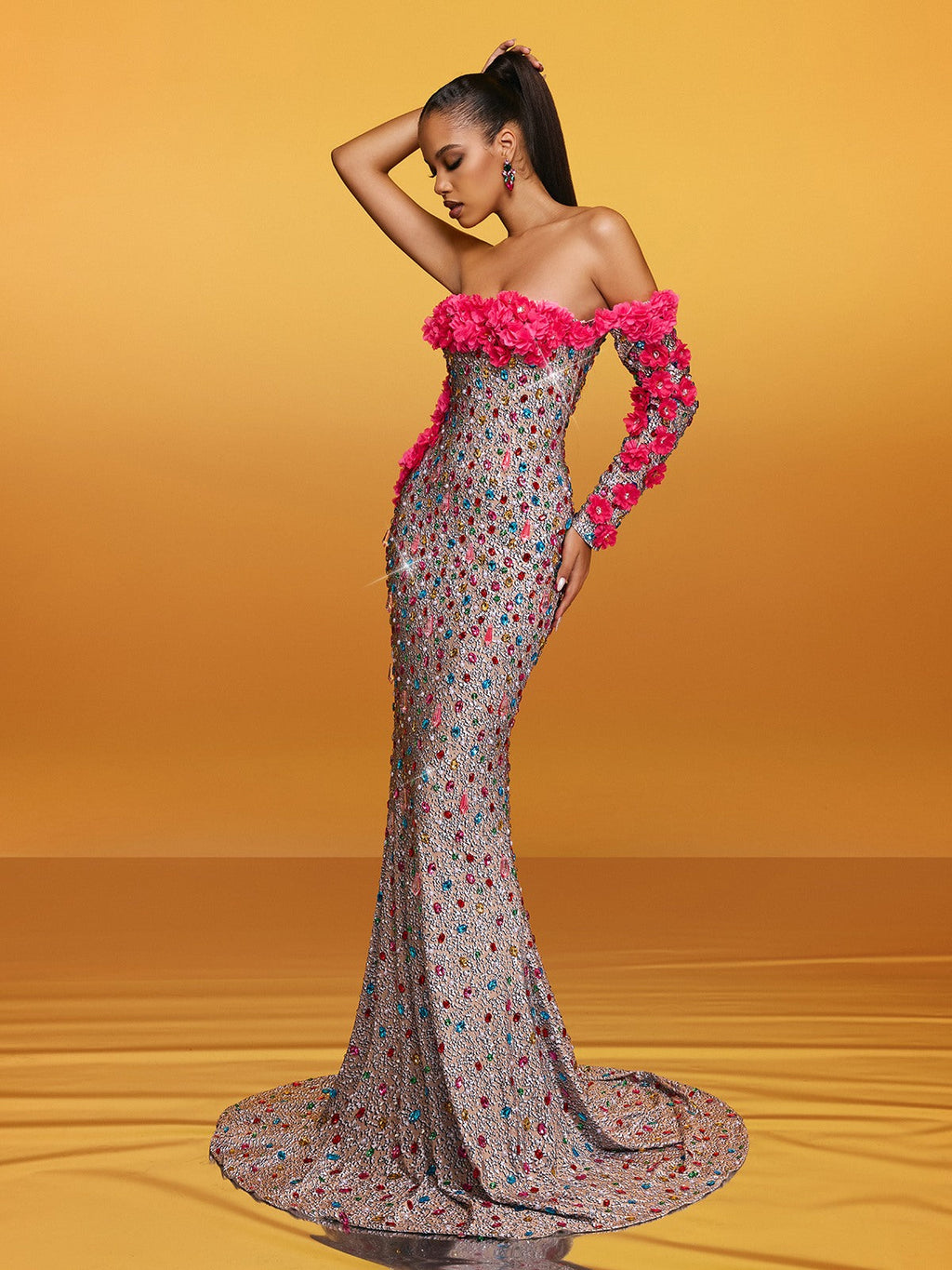 Alythia Off Shoulder Flower Crystal Maxi Dress