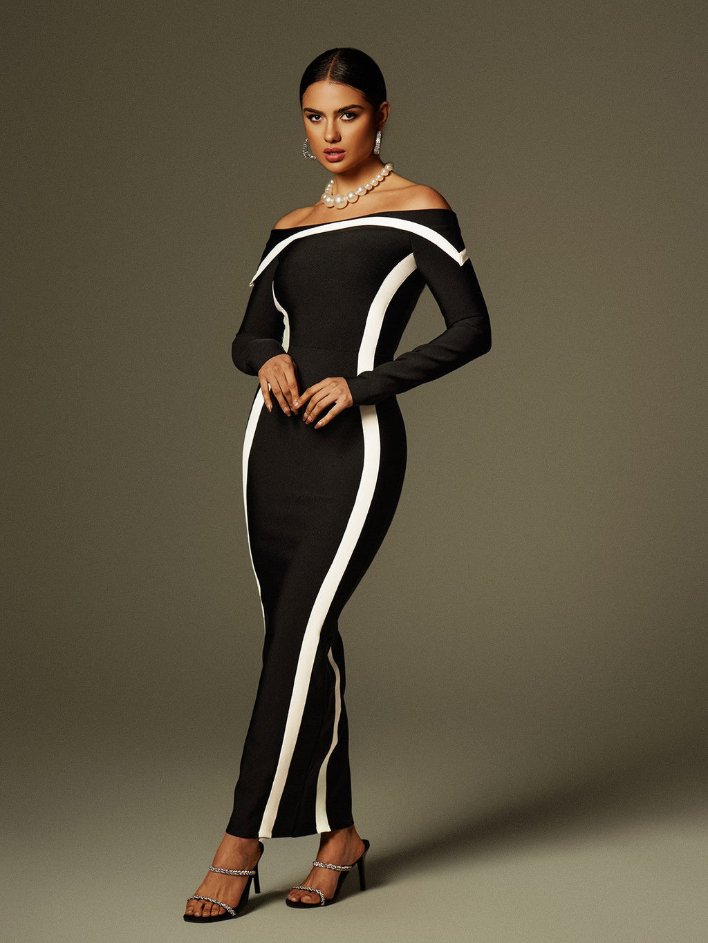 Alyvia Off Shoulder Stripe Bandage Maxi Dress