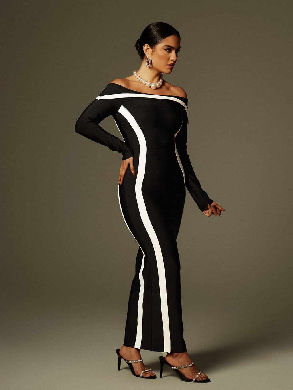 Alyvia Off Shoulder Stripe Bandage Maxi Dress