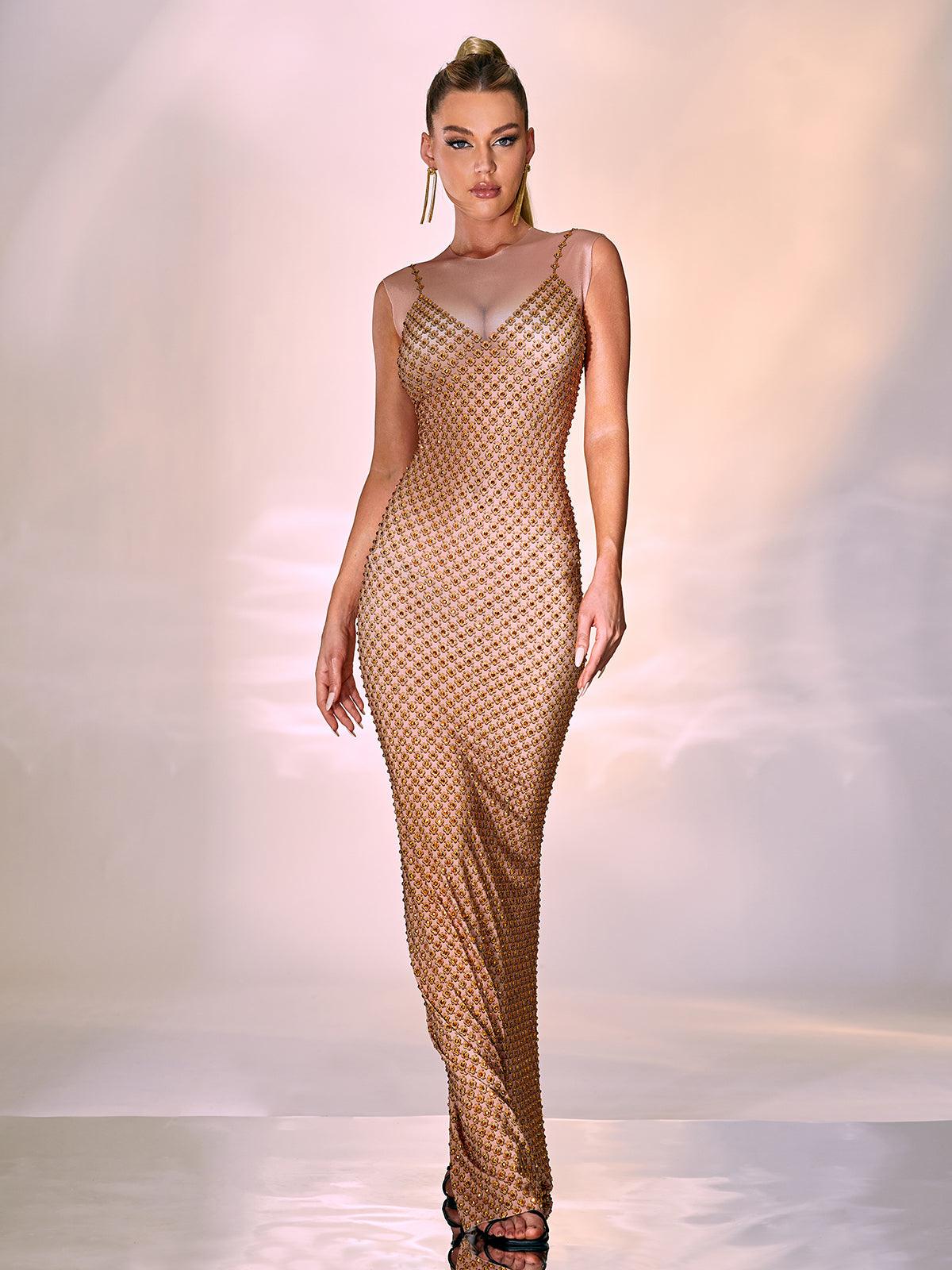 Aminah Crystal Printed Mesh Maxi Dress