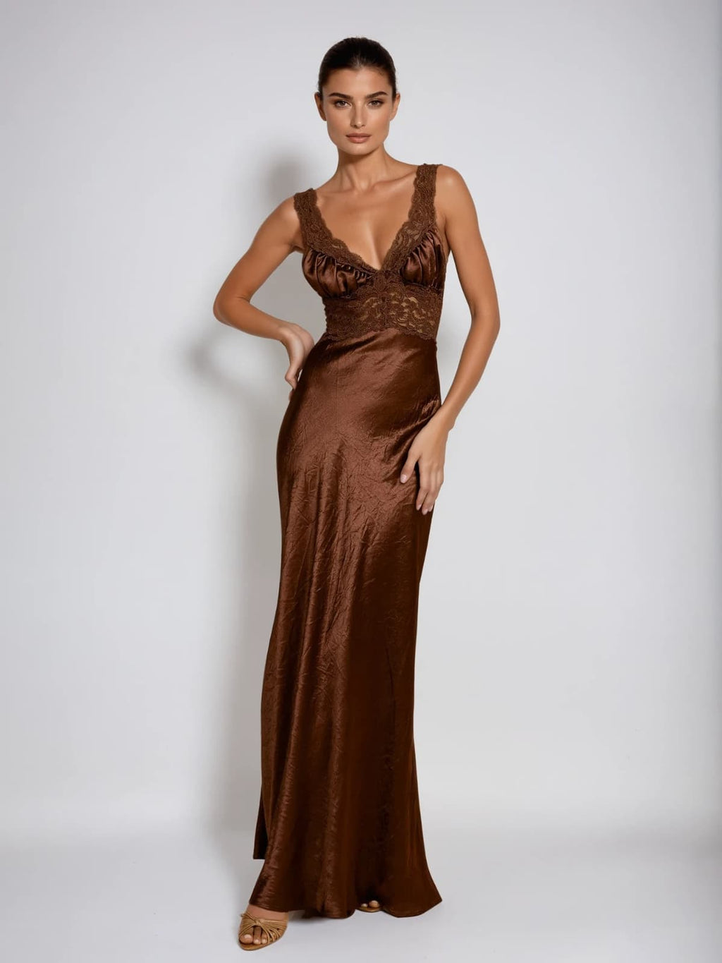Analog V Neck Lace Satin Maxi Dress