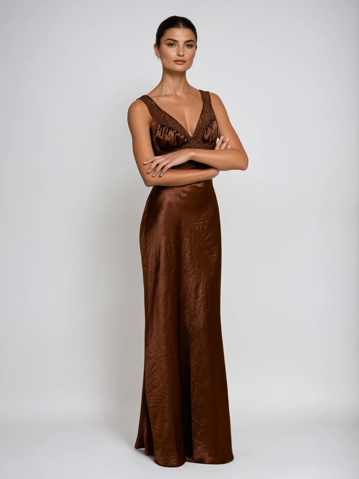 Analog V Neck Lace Satin Maxi Dress