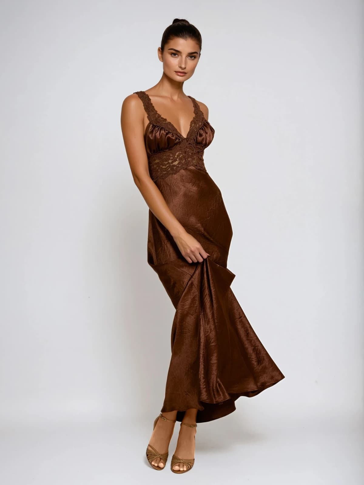 Analog V Neck Lace Satin Maxi Dress