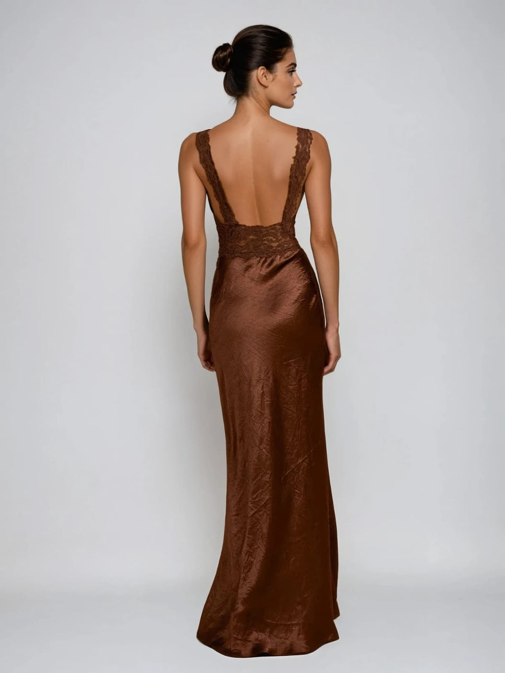 Analog V Neck Lace Satin Maxi Dress