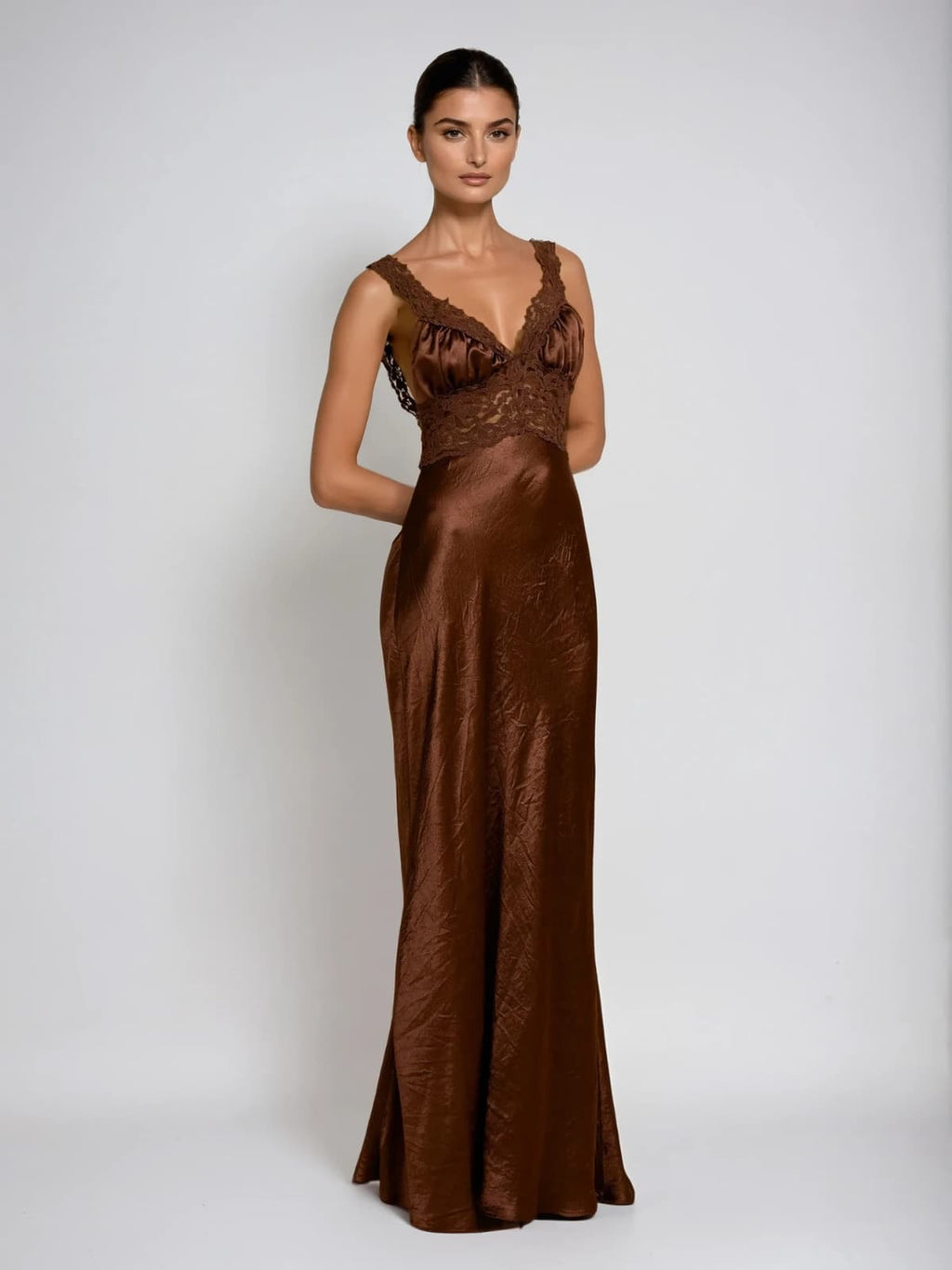 Analog V Neck Lace Satin Maxi Dress