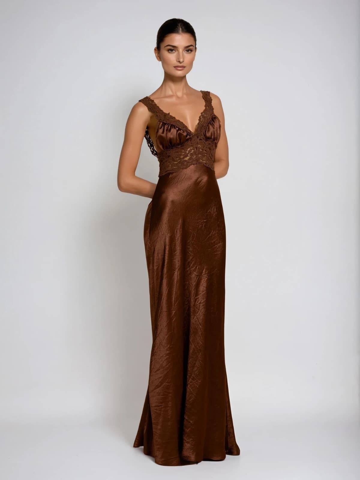 Analog V Neck Lace Satin Maxi Dress