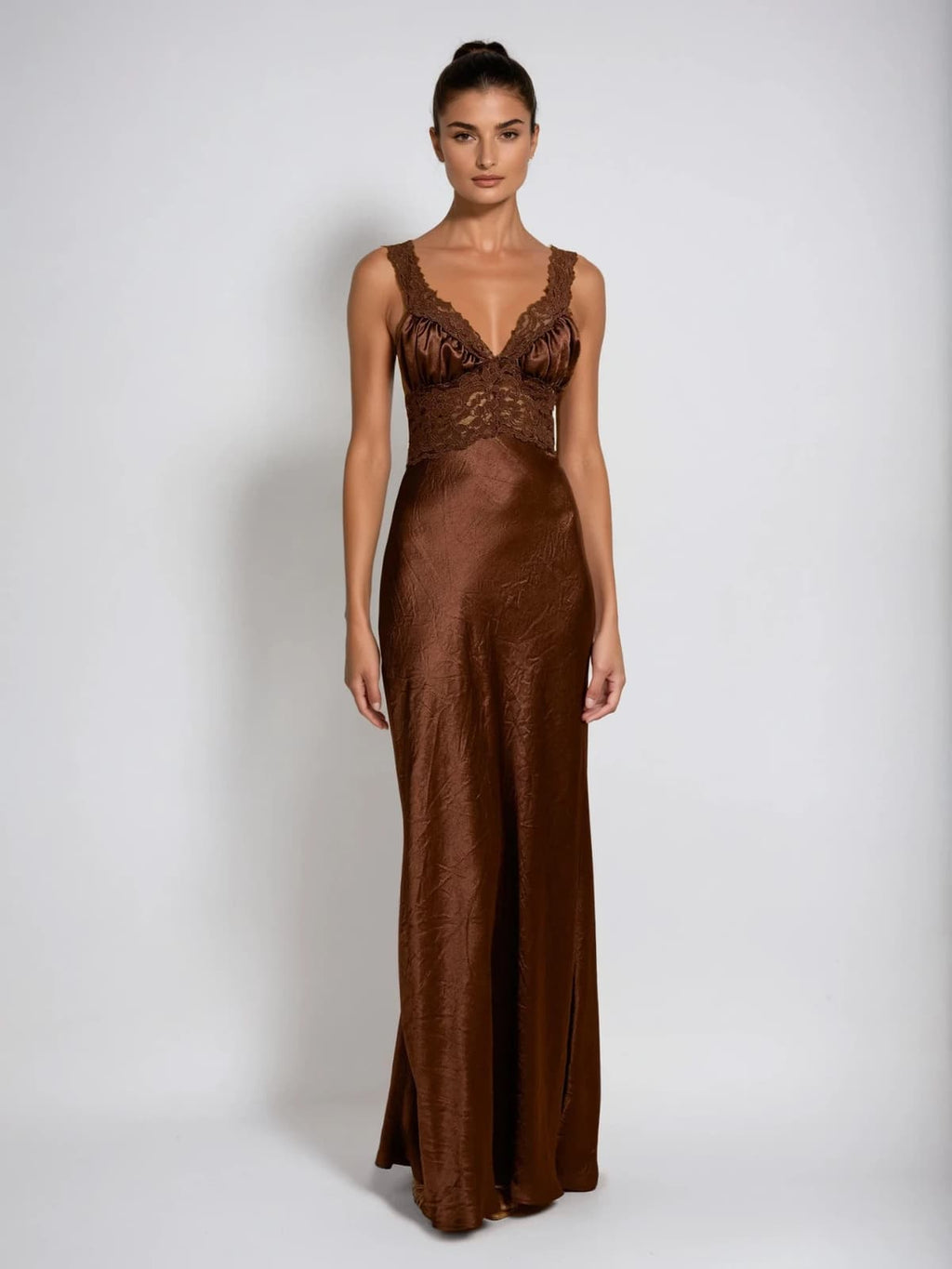 Analog V Neck Lace Satin Maxi Dress