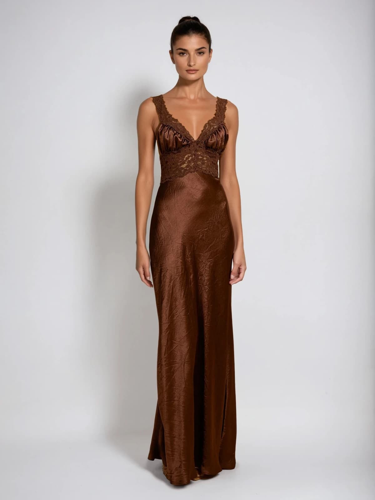 Analog V Neck Lace Satin Maxi Dress
