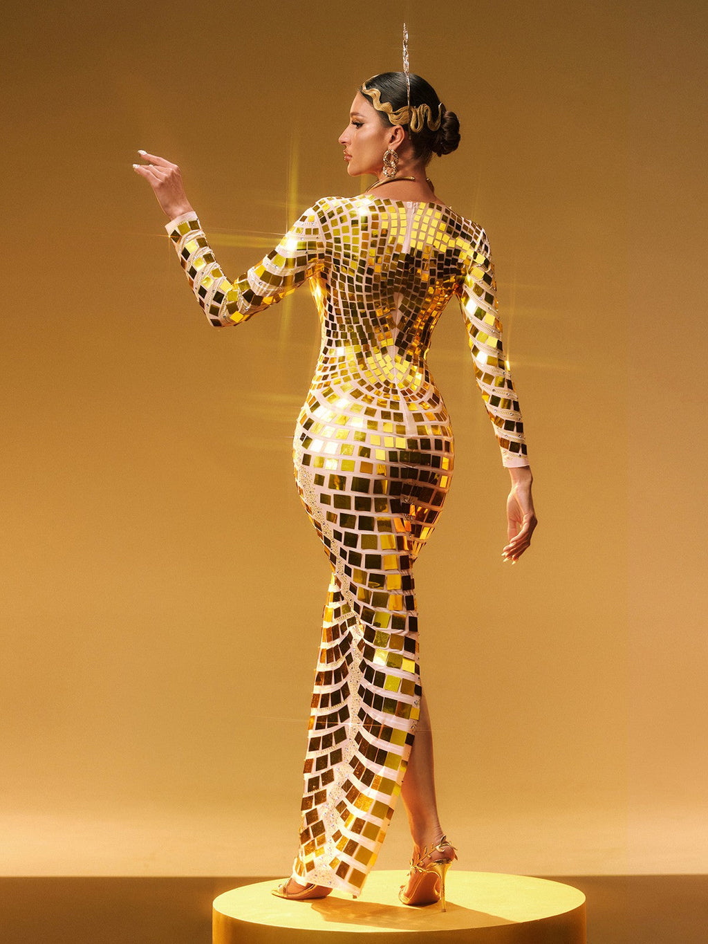 Angie Long Sleeve Curve Embellished Maxi Dress In Gold