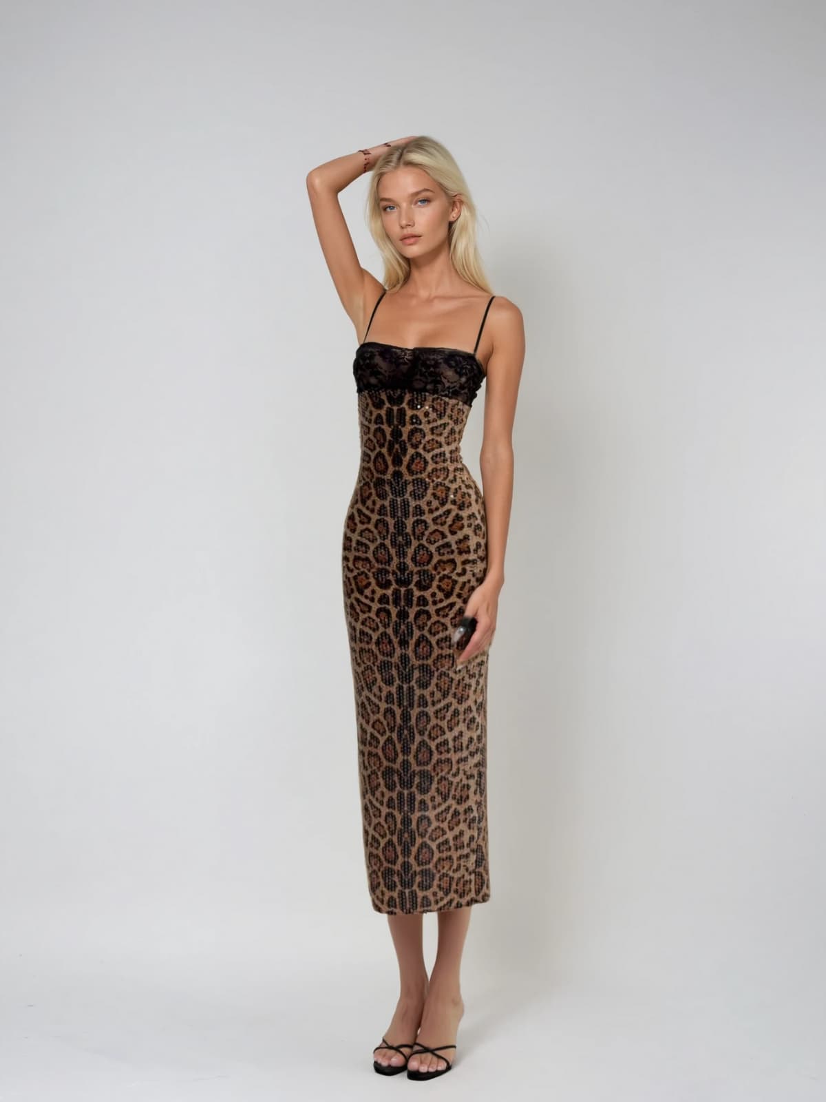 Aqualine Spaghetti Leopard Sequin Midi Dress