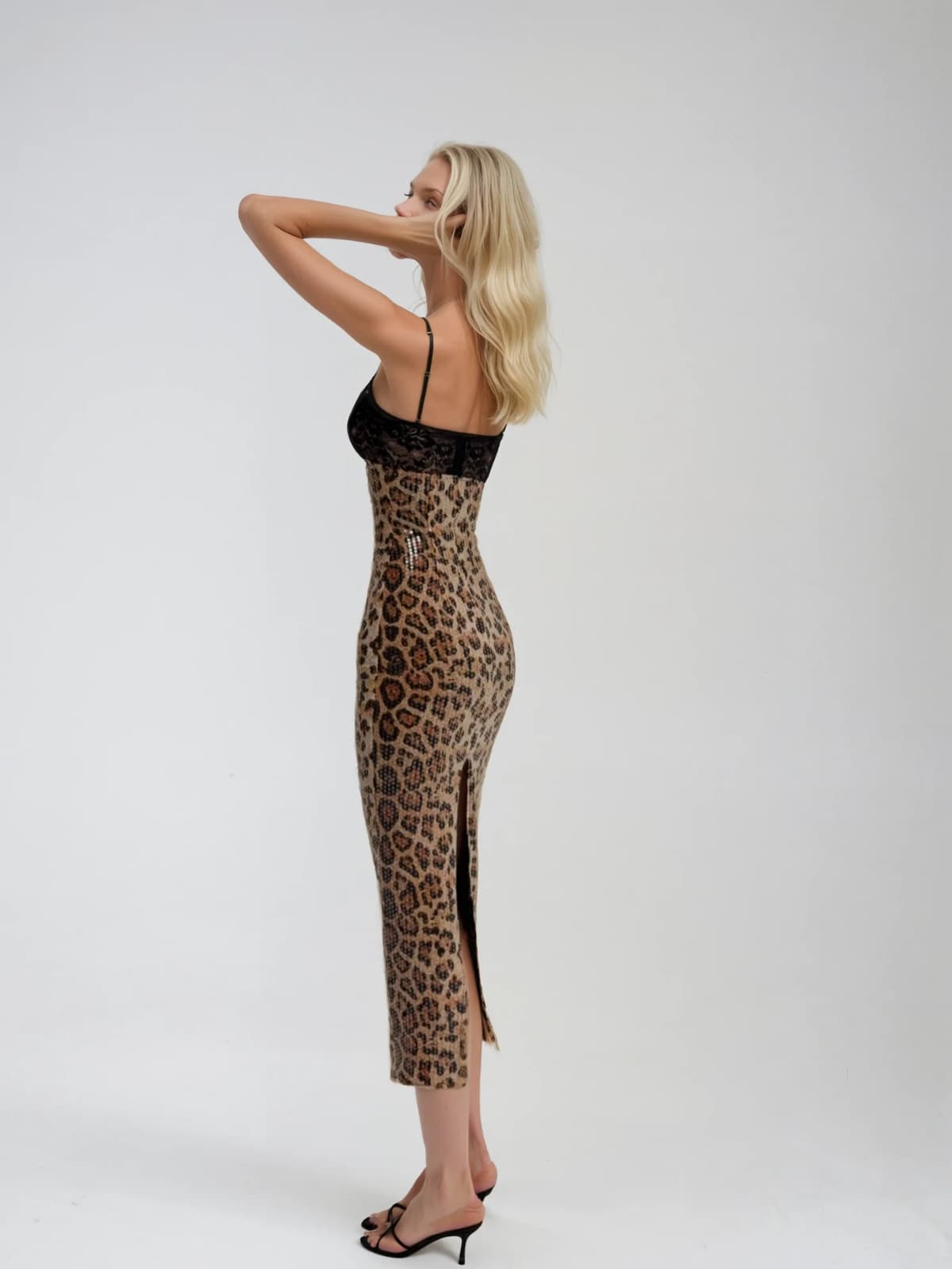 Aqualine Spaghetti Leopard Sequin Midi Dress