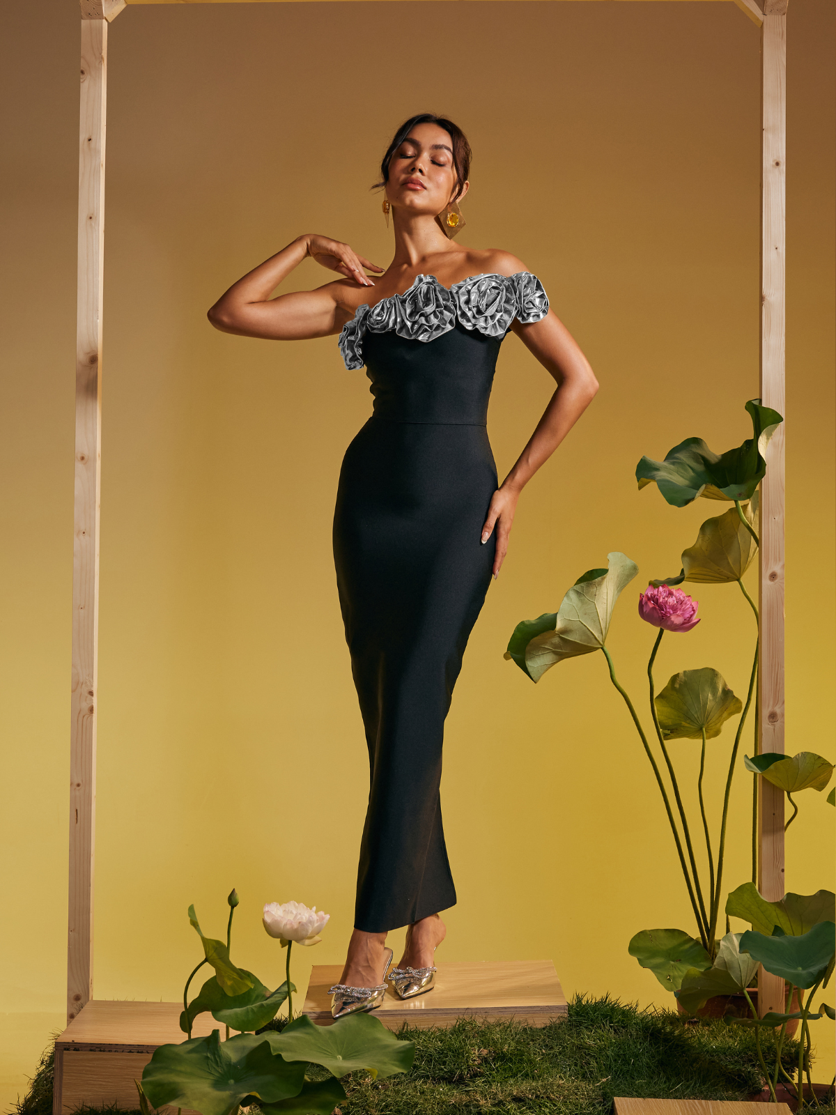 Arnau One Shoulder Flower Bandage Maxi Dress In Silver