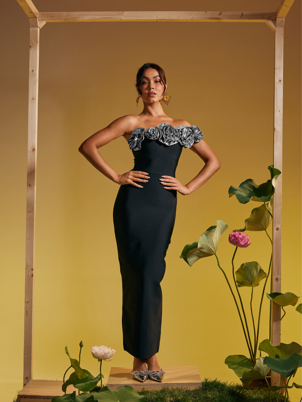 Arnau One Shoulder Flower Bandage Maxi Dress In Silver