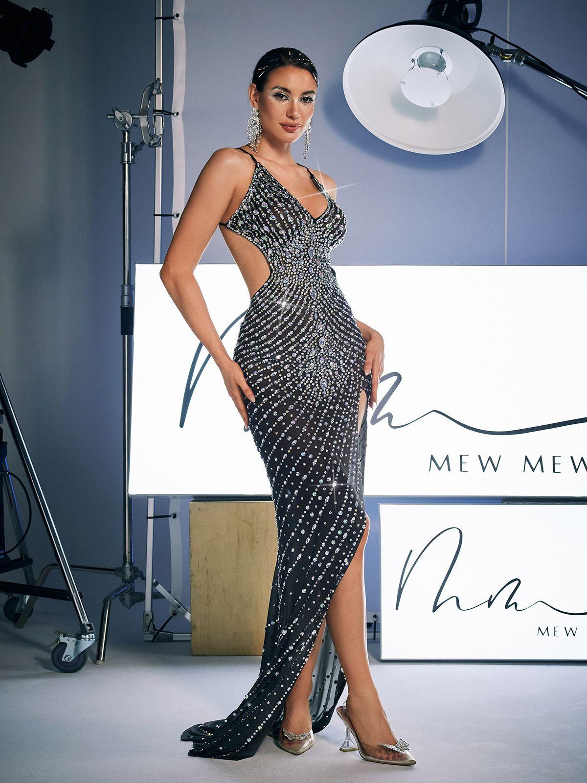 Aryan Backless Rhinsetone Cutout Maxi Dress