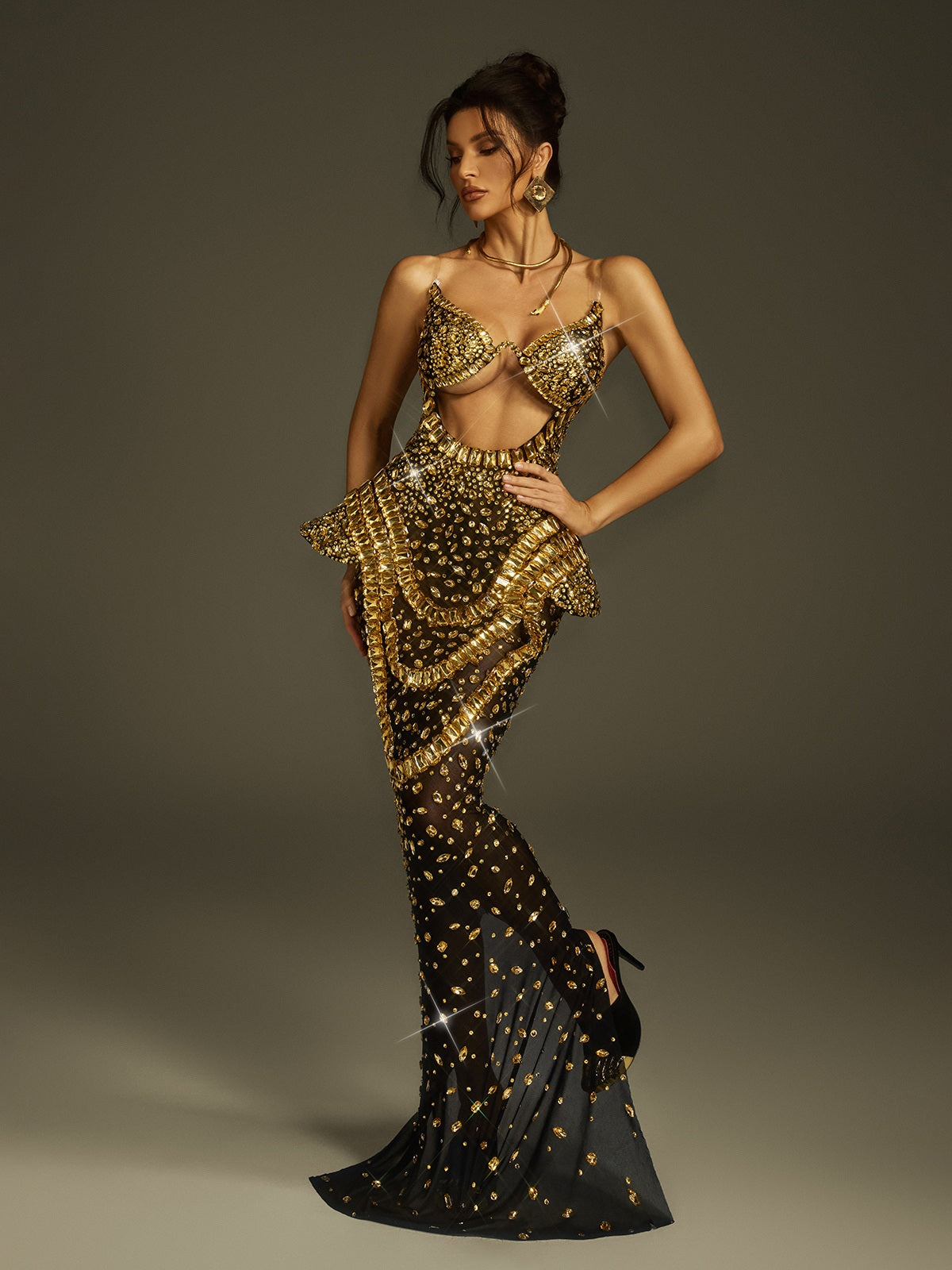 Arygon Strapless Cutout Crystal Maxi Dress In Gold