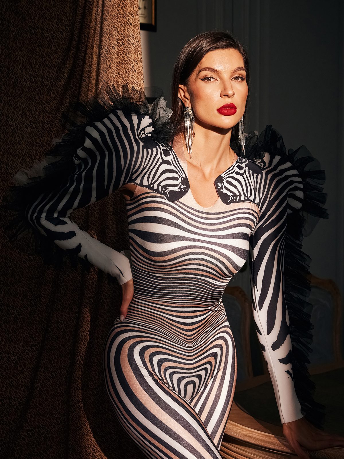 Assisi Tulle Trimmed Zebra Printed Jumpsuit