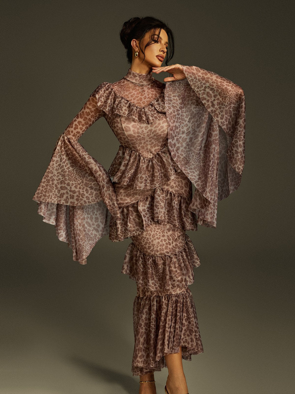 Astrophel Bell Sleeve Leopard Midi Dress