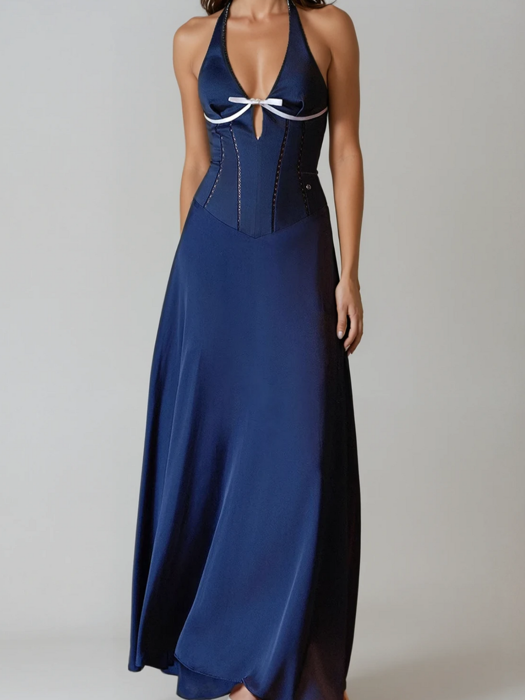 Aubrin Halterneck Bow Corset Satin Maxi Dress