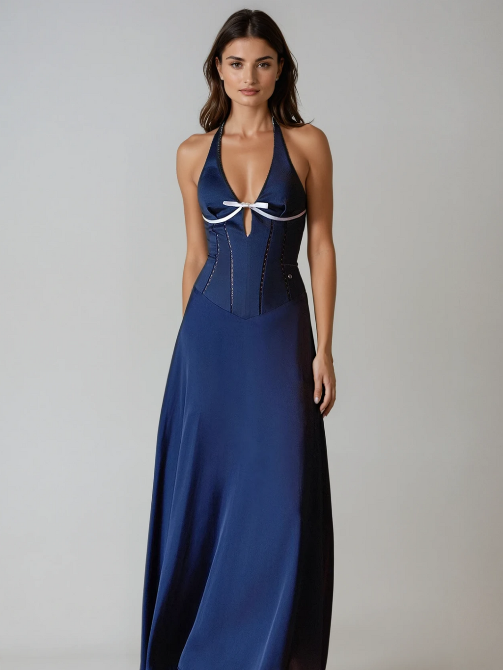 Aubrin Halterneck Bow Corset Satin Maxi Dress