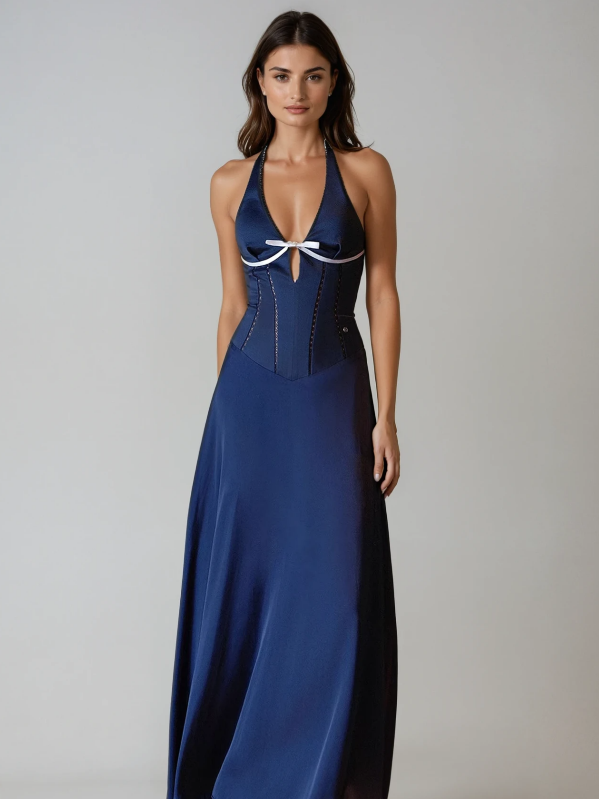 Aubrin Halterneck Bow Corset Satin Maxi Dress