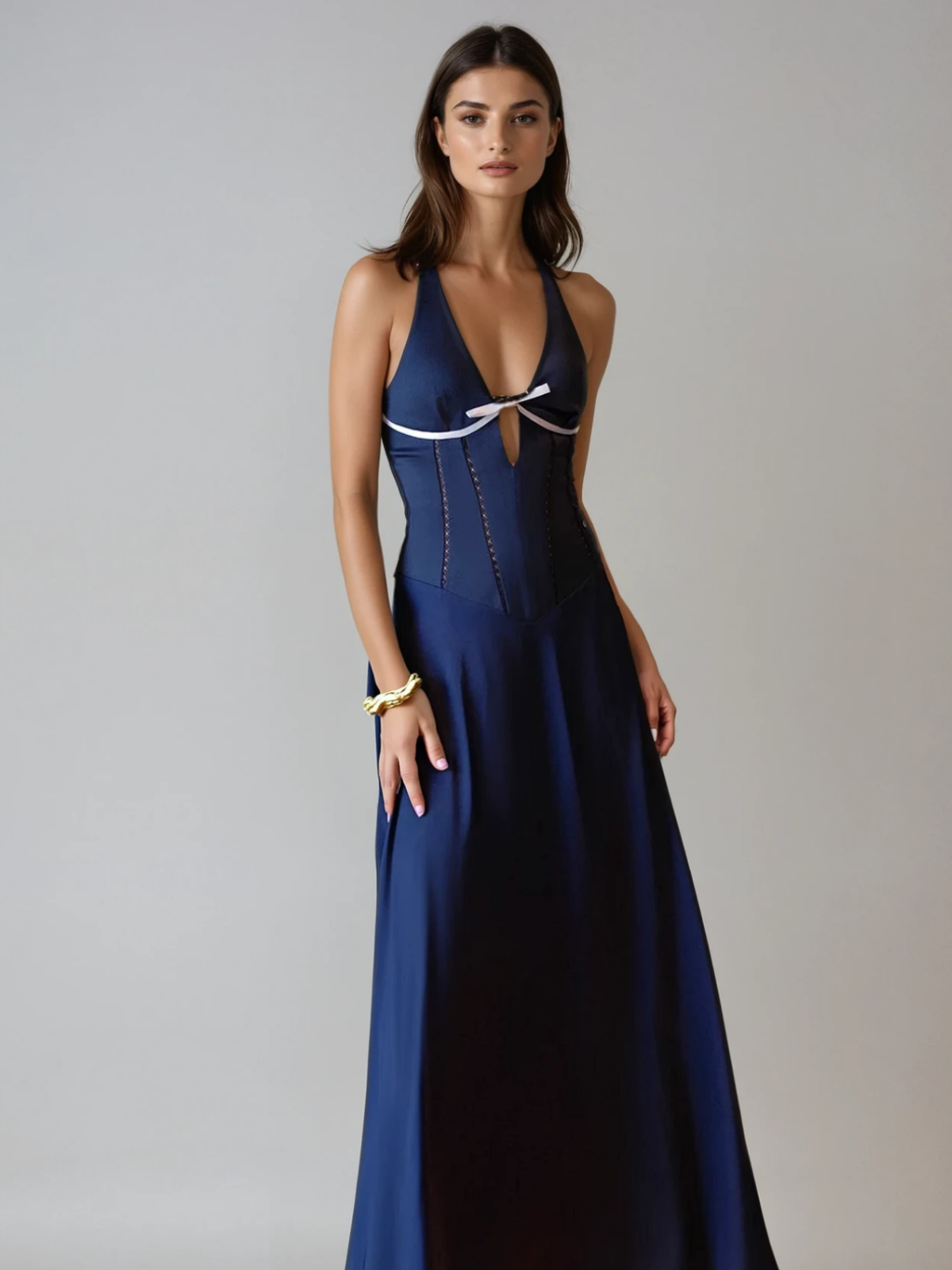 Aubrin Halterneck Bow Corset Satin Maxi Dress
