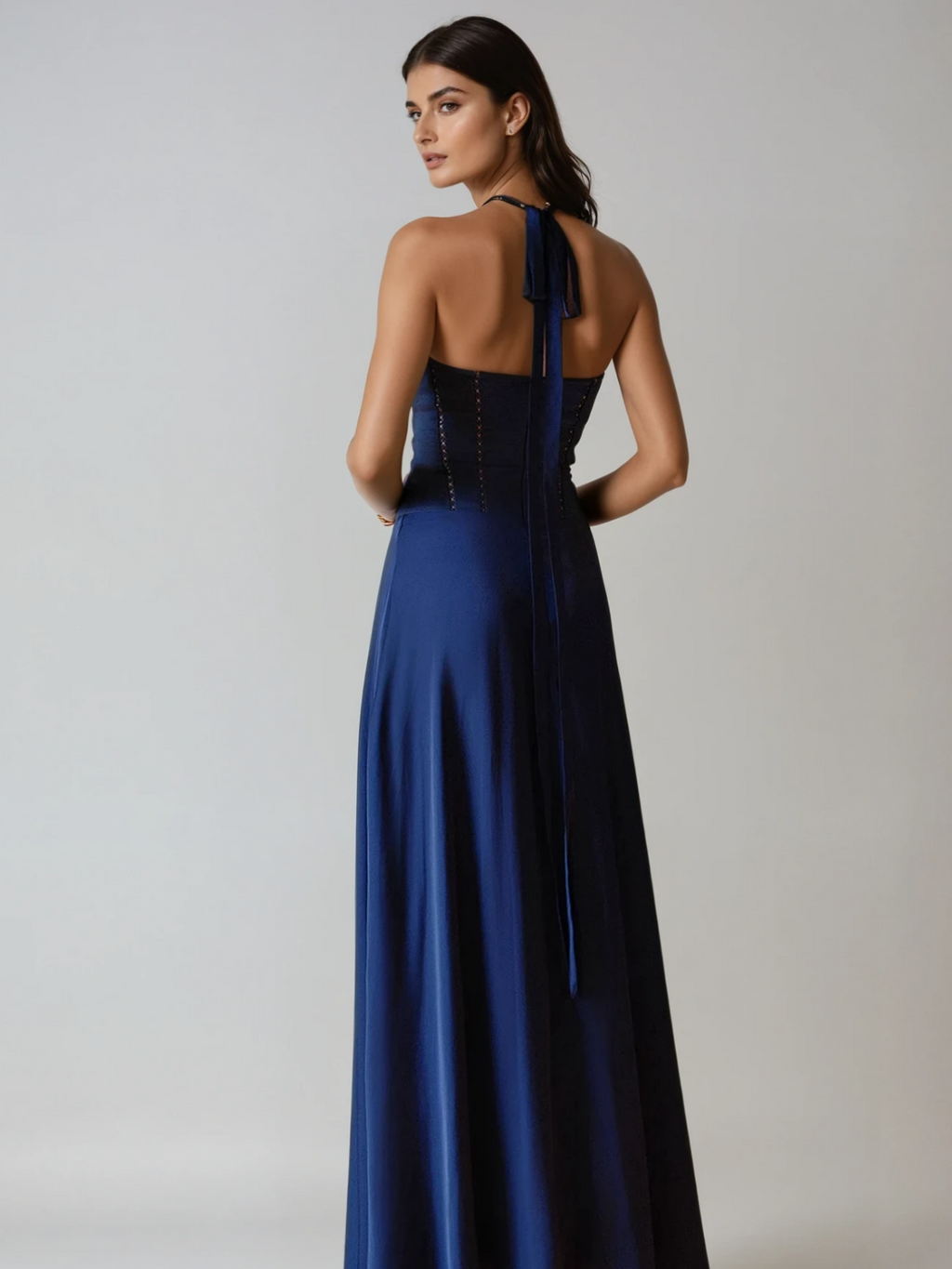 Aubrin Halterneck Bow Corset Satin Maxi Dress