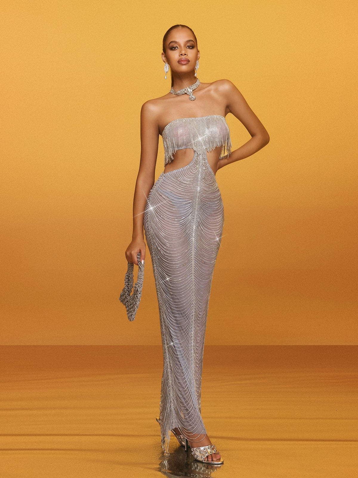 Aurelis Strapless Cutout Fringe Maxi Dress