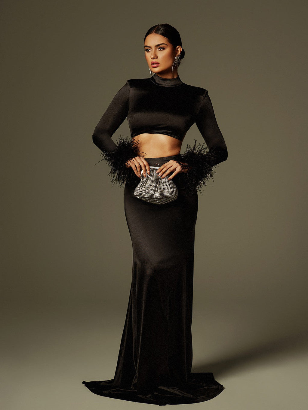 Avalee Long Sleeve Feather Satin Skirt Set