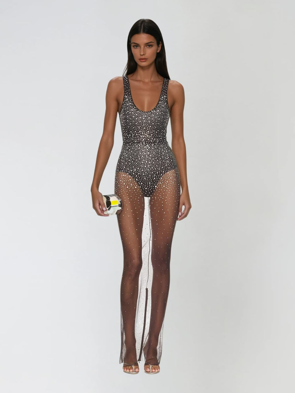 Avenire U Neck Rhinestone Mesh Maxi Dress