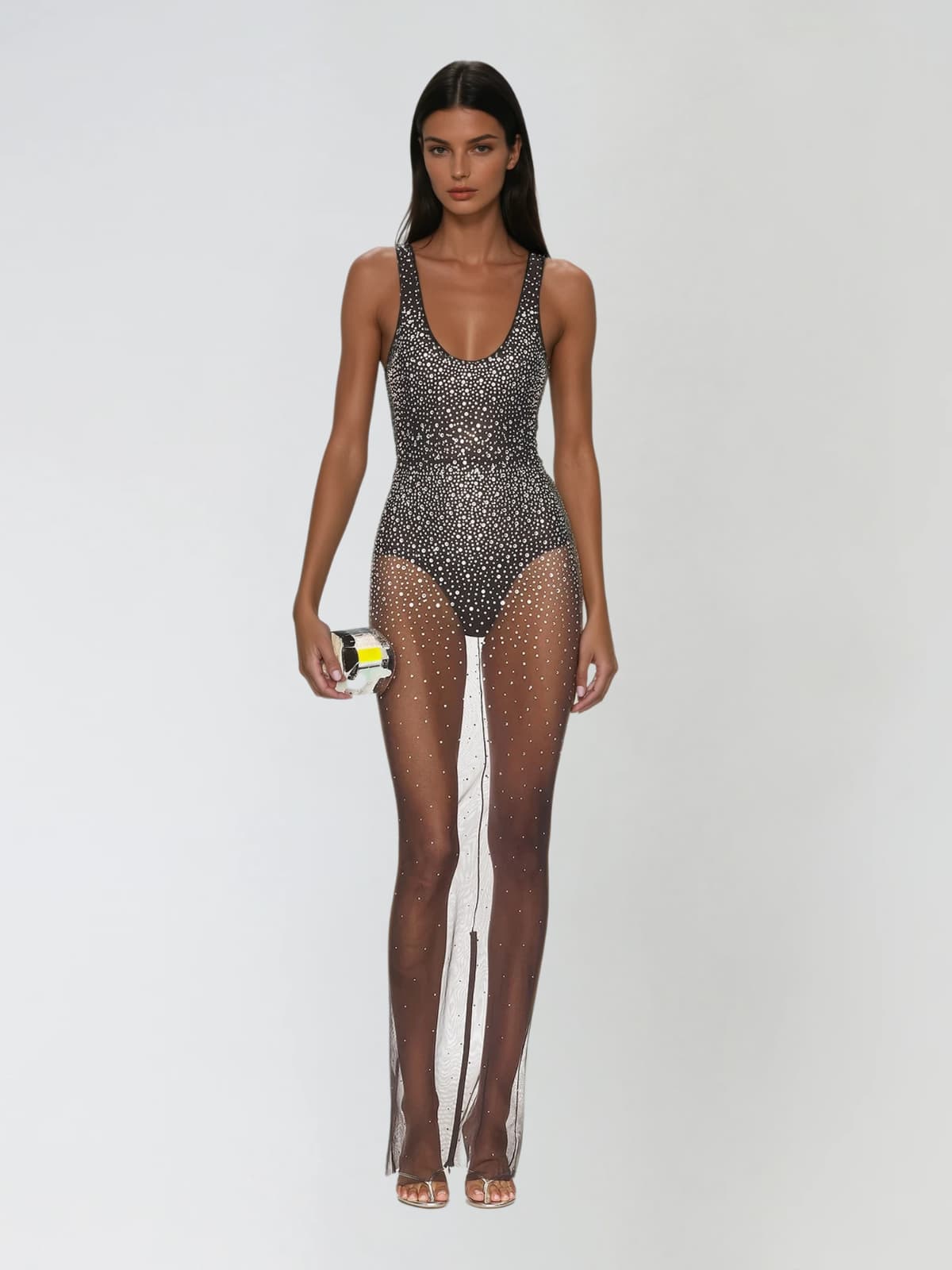 Avenire U Neck Rhinestone Mesh Maxi Dress