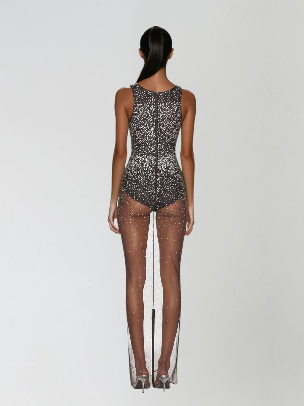 Avenire U Neck Rhinestone Mesh Maxi Dress