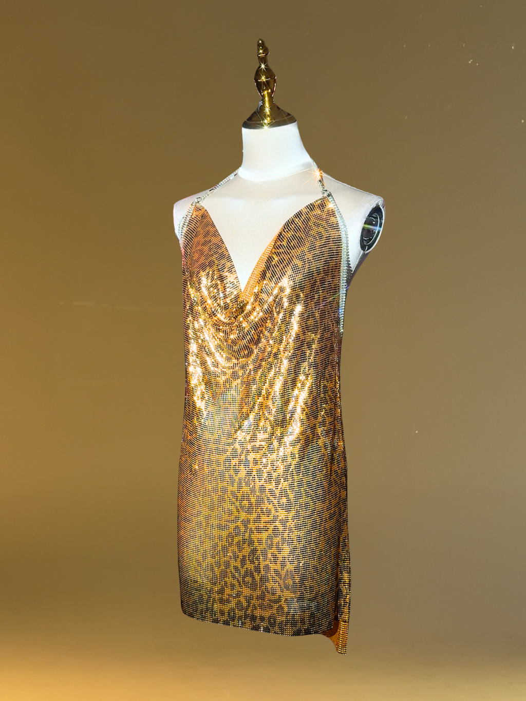 Averill Halterneck Leopard Chainmail Mini Dress In Gold