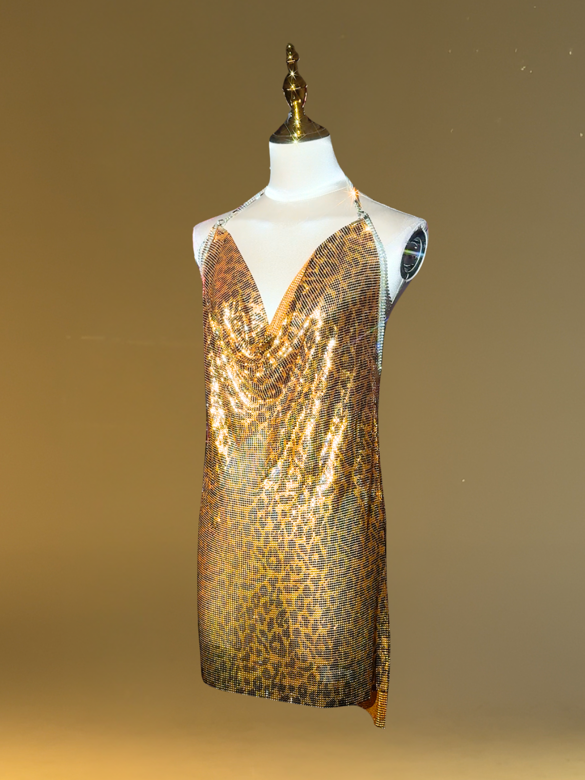 Averill Halterneck Leopard Chainmail Mini Dress In Gold