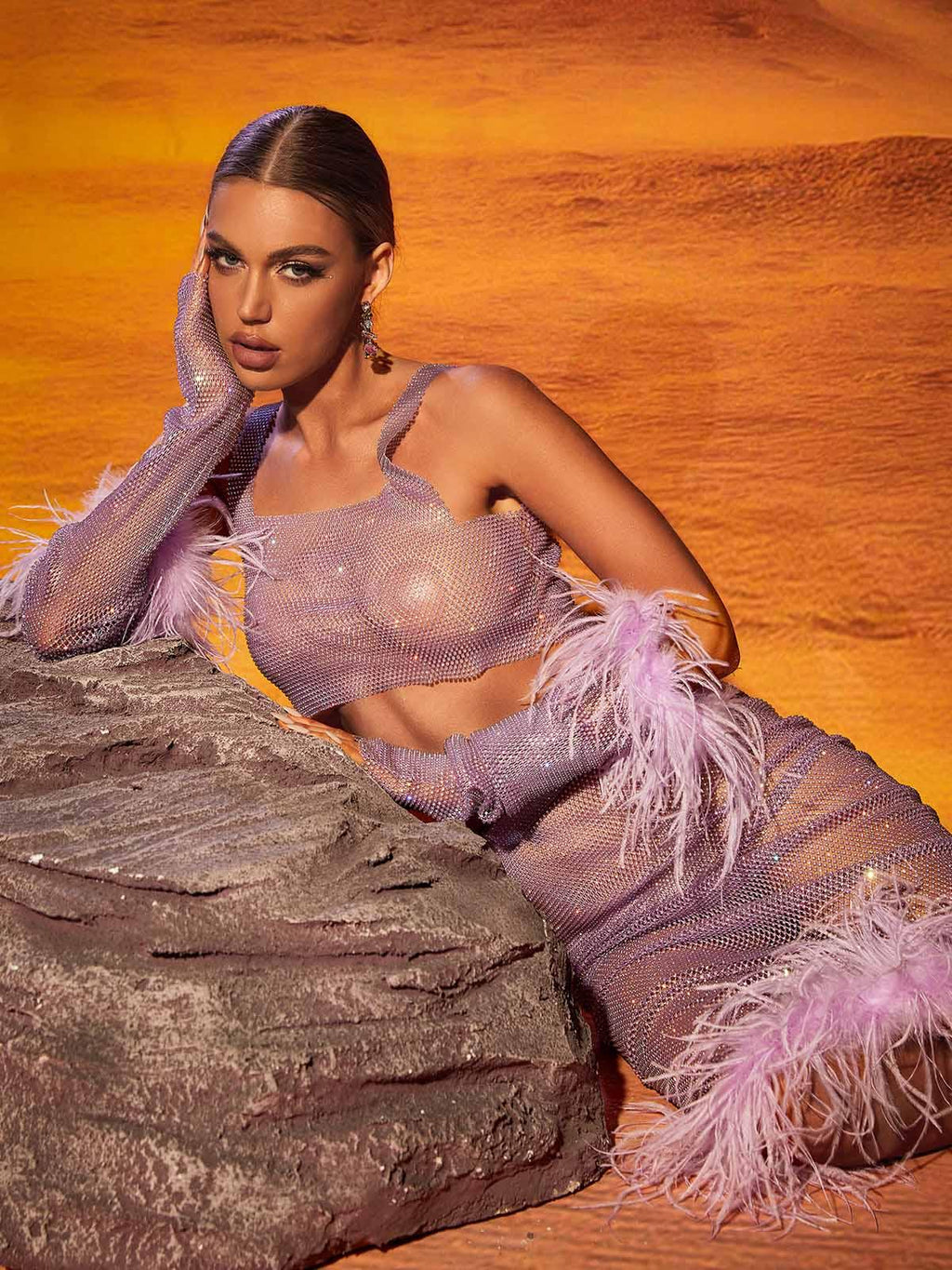 Avery Mesh Diamond Feather Trimmed Skirt Set