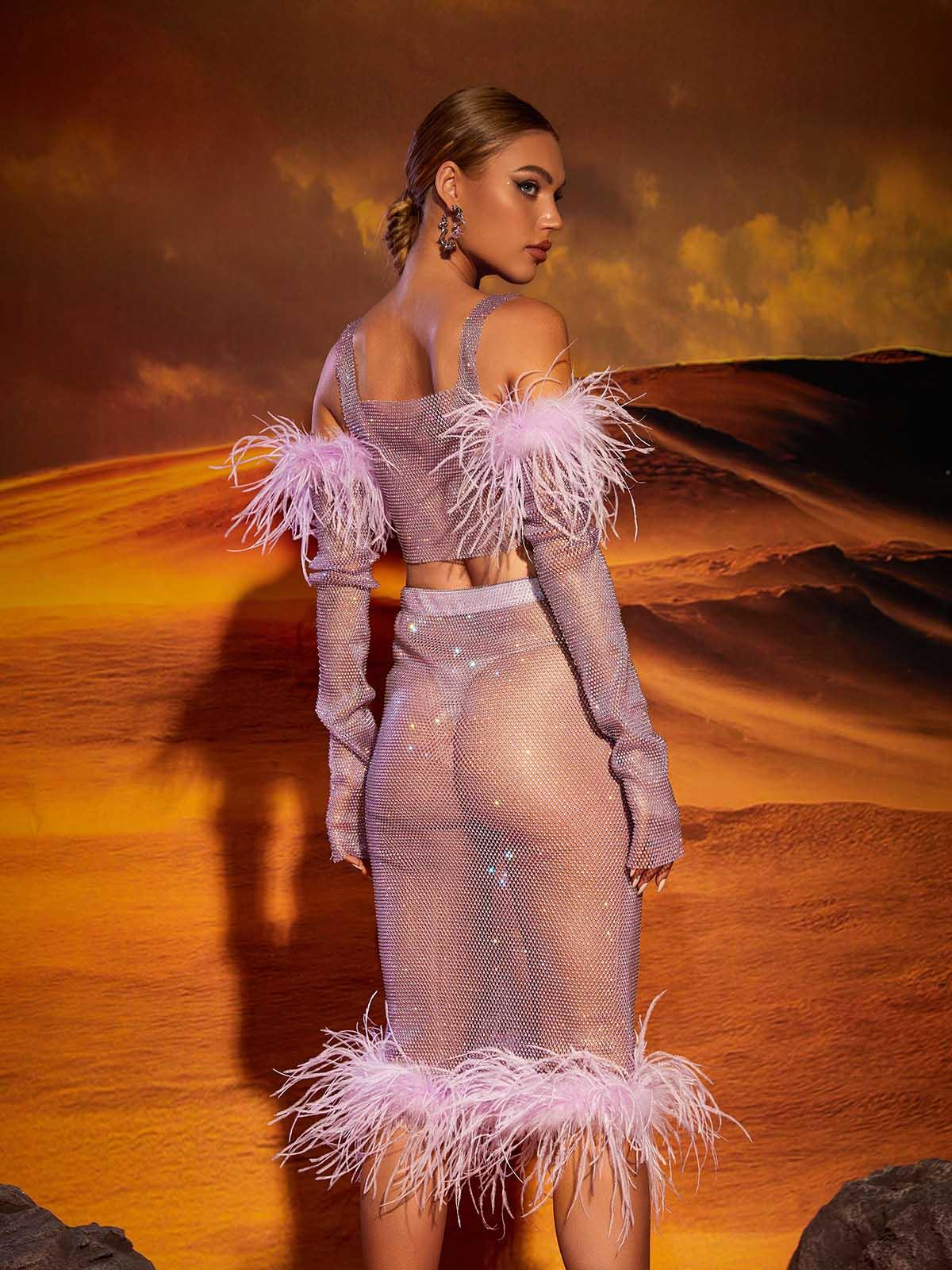 Avery Mesh Diamond Feather Trimmed Skirt Set